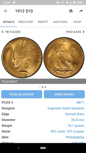 PCGS CoinFacts - U.S. Coin Val screenshot